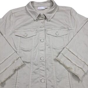Belle By Kim Gravel TripleLuxe Denim Jacket Beige 3 Rows Of Fringe Ss Size Large